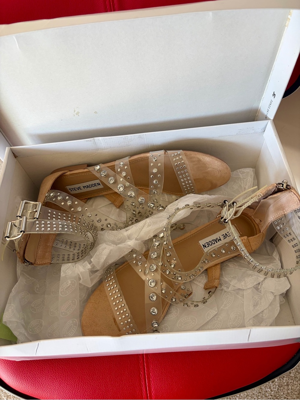 Steve Madden Clear Studded Strappy Gladiator Sandal - Silver Accents - Picture 9 of 10